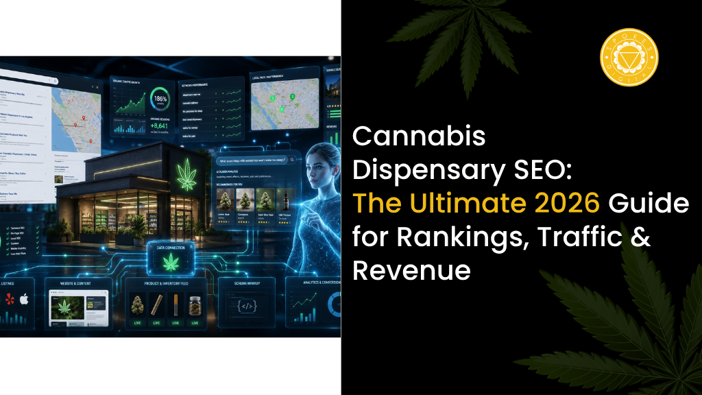 Cannabis dispensary SEO dashboard showing local search optimization, Google Maps rankings, AI-powered product discovery, native menu integration, and cannabis website analytics for increasing organic traffic and revenue.