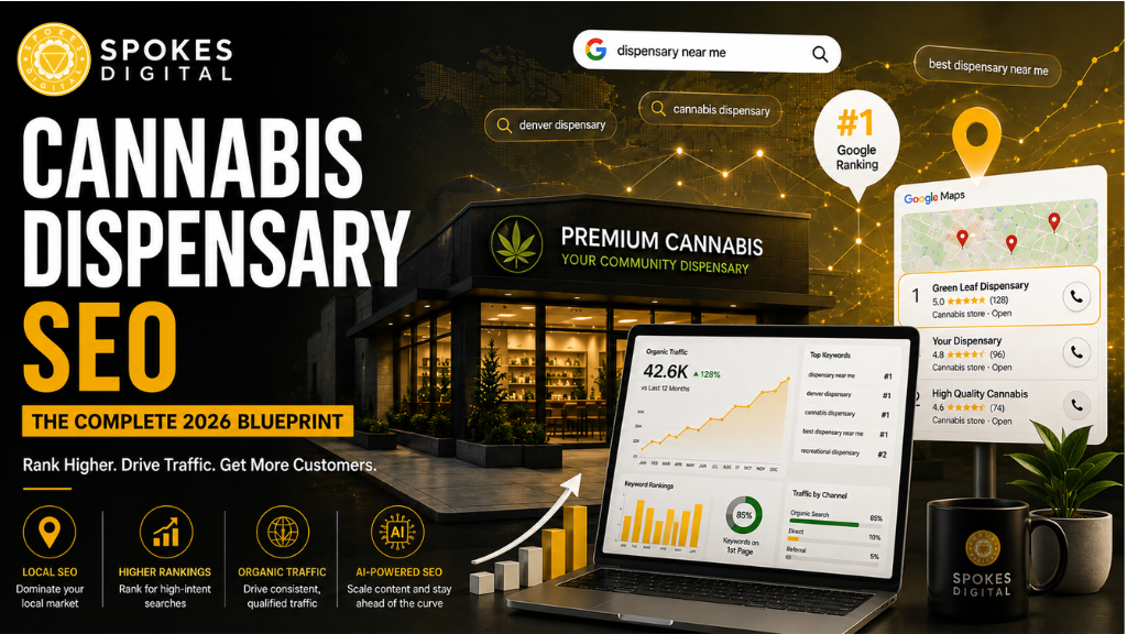Cannabis dispensary SEO strategy dashboard showing Google Maps rankings, local SEO optimization, organic traffic growth, keyword rankings, AI-powered cannabis marketing, and Google Business Profile optimization for dispensaries in 2026.