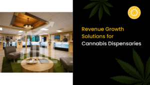 Modern cannabis dispensary retail floor with wood-paneled sales counters, product display cases, a budtender assisting a customer, and a lounge seating area with green rugs and leather chairs.