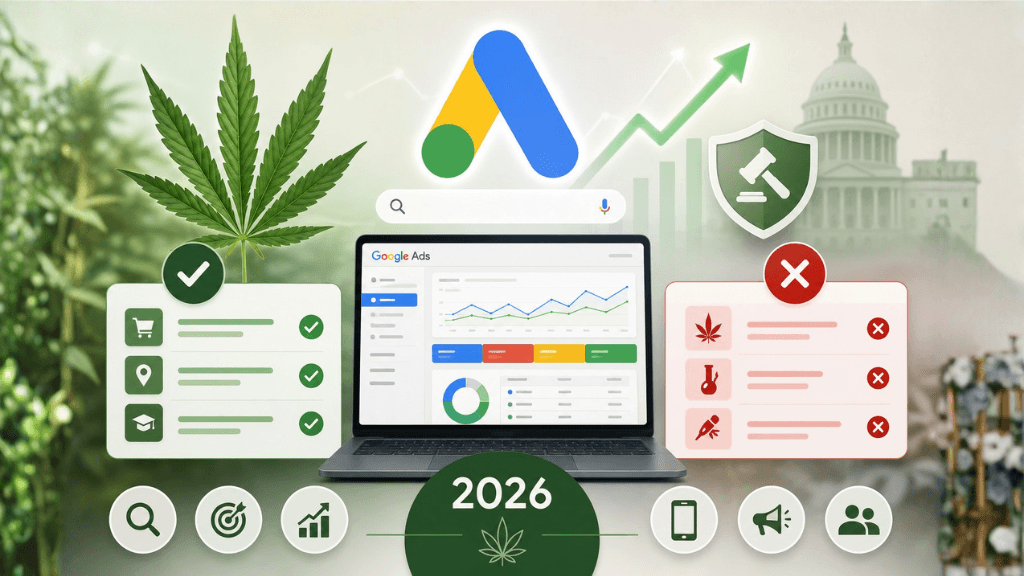 Google Ads for cannabis in 2026 with Google Ads dashboard, cannabis leaf, policy compliance icons, approved and restricted advertising examples, SEO, PPC, and cannabis digital marketing.