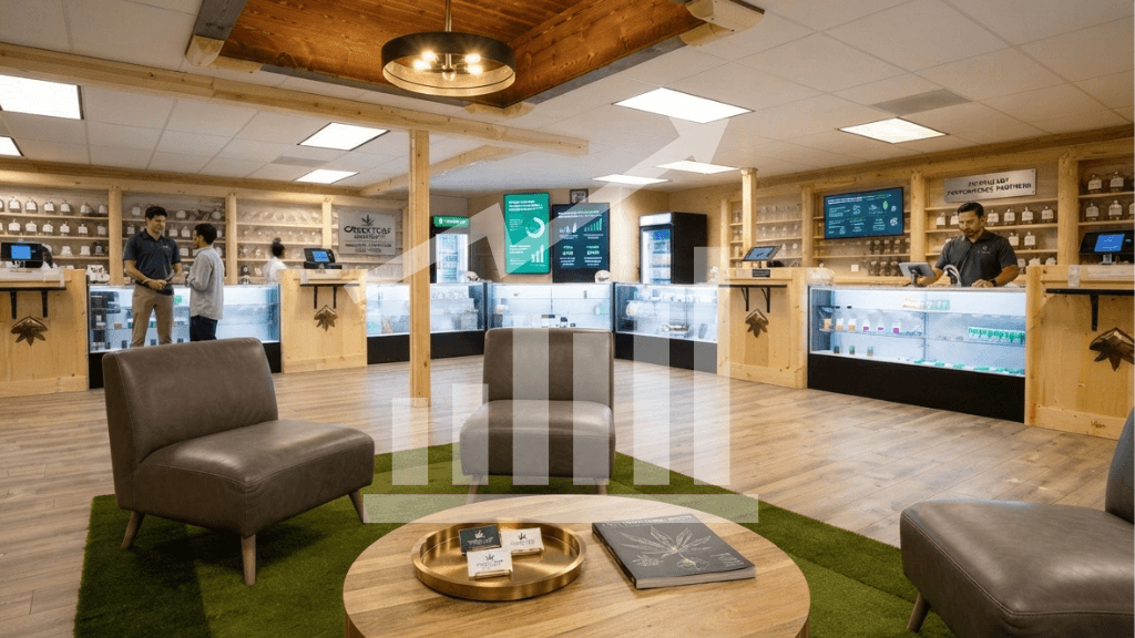 Modern cannabis dispensary retail floor with wood-paneled sales counters, product display cases, a budtender assisting a customer, and a lounge seating area with green rugs and leather chairs.